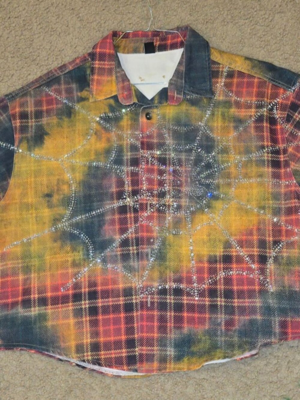 Streetwear Cropped Plaid Button Up Shirt with Diamonds - XXL (Fits Like Large)